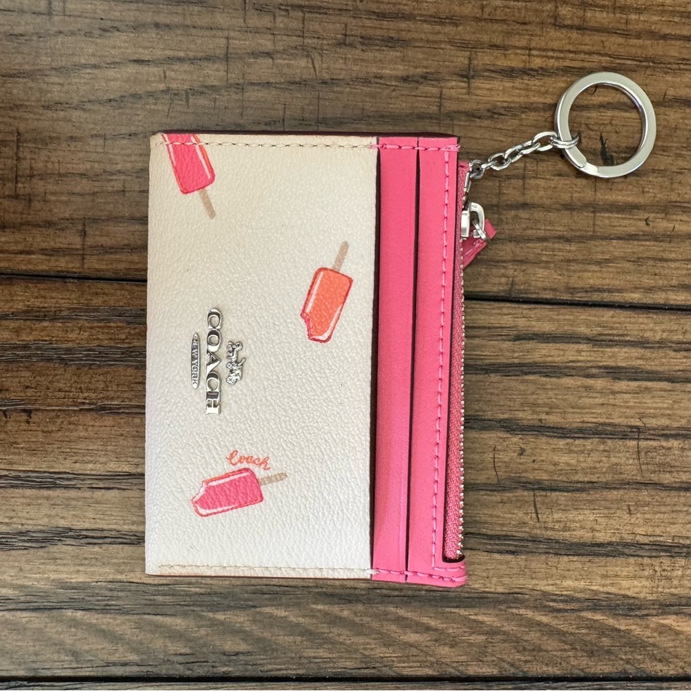 Coach Cream and Pink Popsicle Card Holder with Keychain